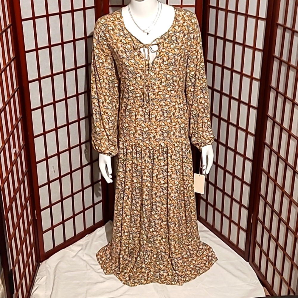 NWT Large Maxi Dress Yellow/Gold Multi-Colored Flowers long sleeved Boho